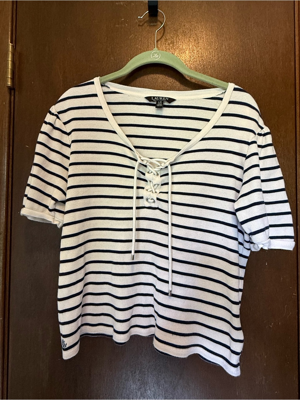 Lauren Ralph Lauren Cream & Navy Stripe Lace-Up Short Sleeve Top